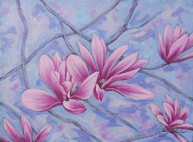 Magnolia flowers, acrylic on canvas, 12x16 Magnolia Blue, acrylic on canvas 9x12