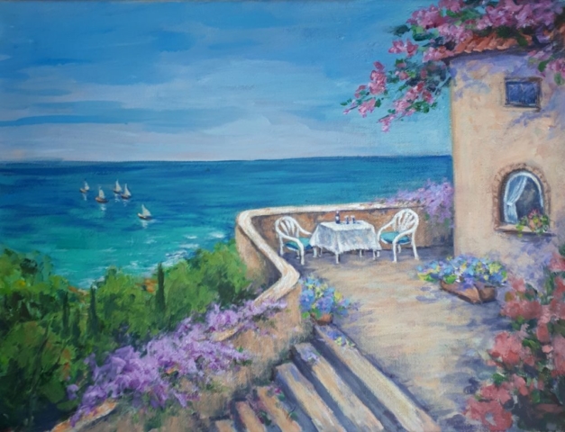 Mediterranean seaside, acrylic on canvas, 12x16 Mediterranean seaside, acrylic on canvas, 12x16